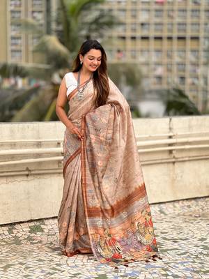 Brown katki silk blend floral printed saree with piping border 4