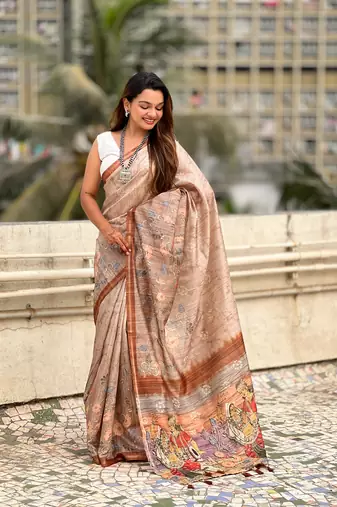 Brown katki silk blend floral printed saree with piping border