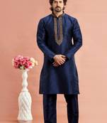 Men blue banarasi art silk kurta without lining
