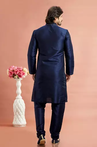 men blue banarasi art silk kurta churidar without lining