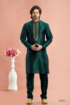 men green banarasi art silk kurta churidar without lining 1