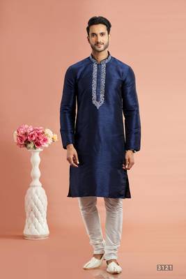 men blue banarasi art silk kurta churidar pyjama without lining 1