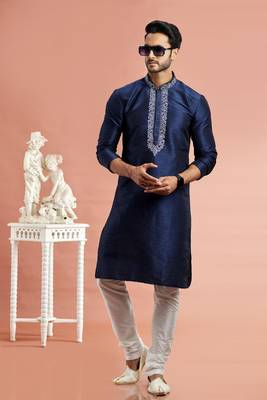 men blue banarasi art silk kurta churidar pyjama without lining 2