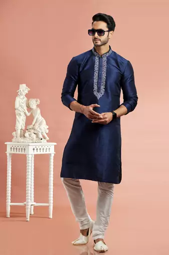 men blue banarasi art silk kurta churidar pyjama without lining