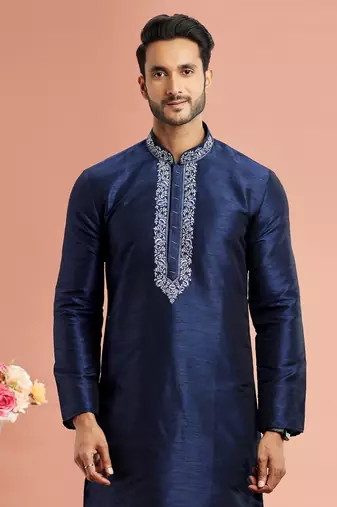 men blue banarasi art silk kurta churidar pyjama without lining