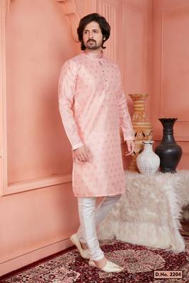 men peach jacquard silk brocade straight kurta churidar without lining 1