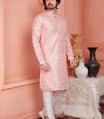 Men peach jacquard silk brocade straight kurta without lining