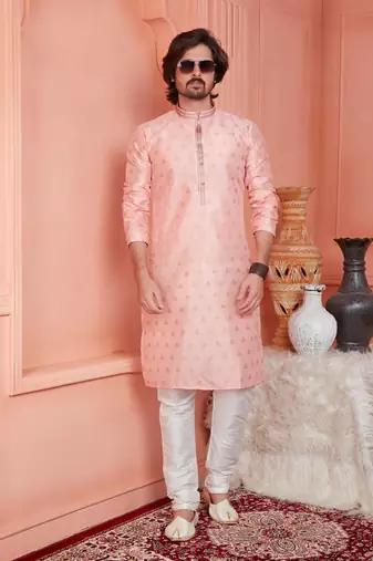 men peach jacquard silk brocade straight kurta churidar without lining