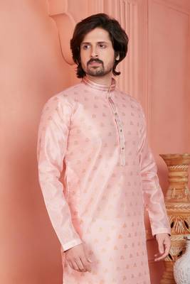 men peach jacquard silk brocade straight kurta churidar without lining 3