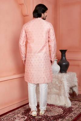 men peach jacquard silk brocade straight kurta churidar without lining 4