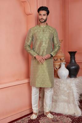 men green jacquard silk brocade straight kurta churidar without lining 1