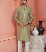 men green jacquard silk brocade straight kurta churidar without lining