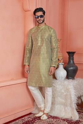 men green jacquard silk brocade straight kurta churidar without lining 2