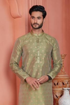 men green jacquard silk brocade straight kurta churidar without lining 3