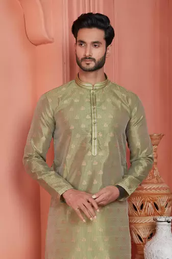 men green jacquard silk brocade straight kurta churidar without lining
