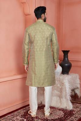 men green jacquard silk brocade straight kurta churidar without lining 4