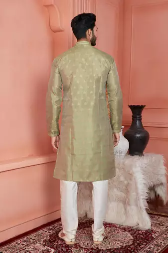 men green jacquard silk brocade straight kurta churidar without lining