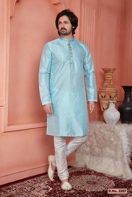 men sky blue jacquard silk brocade straight kurta churidar without lining 1