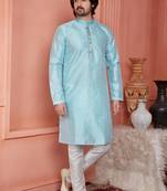 men sky blue jacquard silk brocade straight kurta churidar without lining