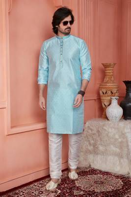 men sky blue jacquard silk brocade straight kurta churidar without lining 2