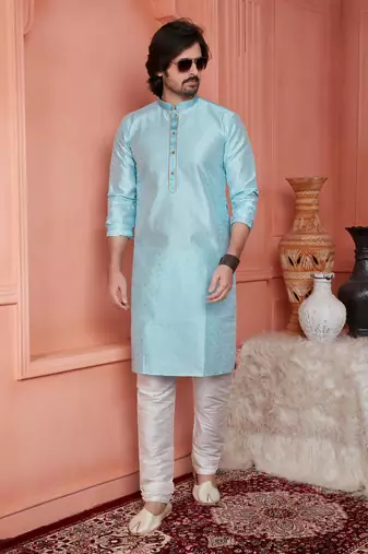 men sky blue jacquard silk brocade straight kurta churidar without lining