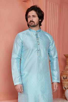 men sky blue jacquard silk brocade straight kurta churidar without lining 3