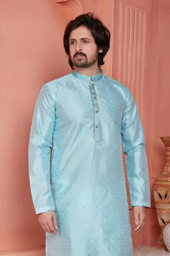 men sky blue jacquard silk brocade straight kurta churidar without lining
