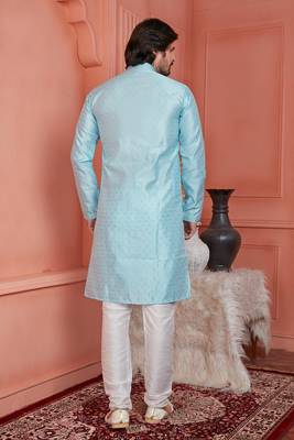 men sky blue jacquard silk brocade straight kurta churidar without lining 4
