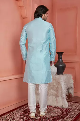 men sky blue jacquard silk brocade straight kurta churidar without lining