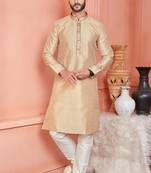 men beige jacquard silk brocade straight kurta churidar without lining