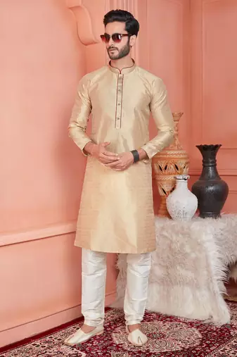 men beige jacquard silk brocade straight kurta churidar without lining