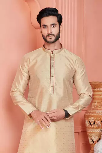 men beige jacquard silk brocade straight kurta churidar without lining