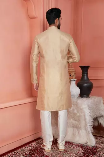 men beige jacquard silk brocade straight kurta churidar without lining