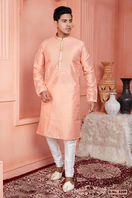 men peach jacquard silk brocade straight kurta churidar without lining 1