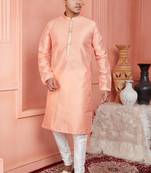 men peach jacquard silk brocade straight kurta churidar without lining