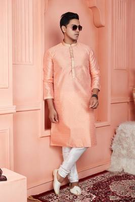 men peach jacquard silk brocade straight kurta churidar without lining 2