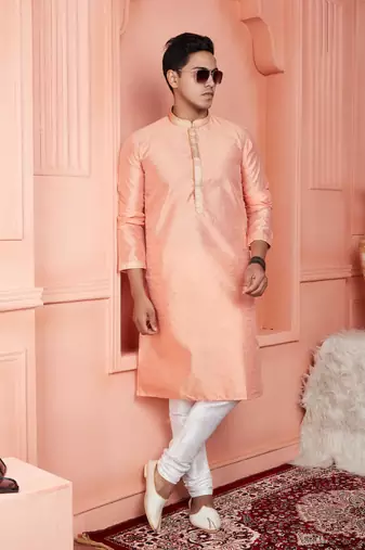 men peach jacquard silk brocade straight kurta churidar without lining