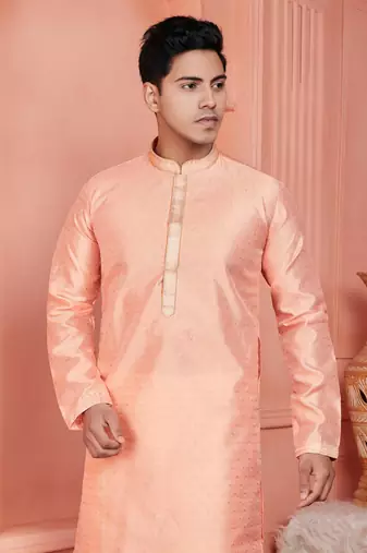 men peach jacquard silk brocade straight kurta churidar without lining