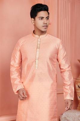 men peach jacquard silk brocade straight kurta churidar without lining 4