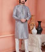 men gray jacquard silk brocade straight kurta churidar without lining