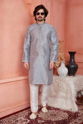 men gray jacquard silk brocade straight kurta churidar without lining 2