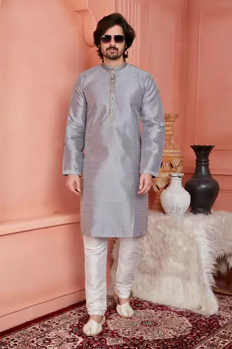 men gray jacquard silk brocade straight kurta churidar without lining