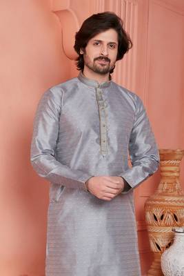 men gray jacquard silk brocade straight kurta churidar without lining 3
