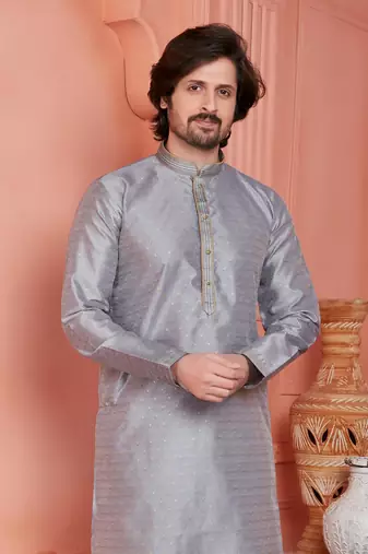 men gray jacquard silk brocade straight kurta churidar without lining