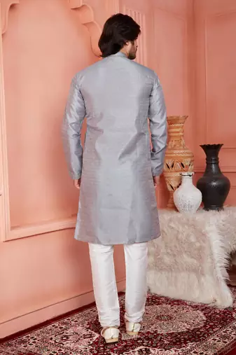 men gray jacquard silk brocade straight kurta churidar without lining