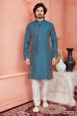 men blue jacquard silk brocade straight kurta churidar without lining 1