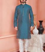 Men blue jacquard silk brocade straight kurta without lining