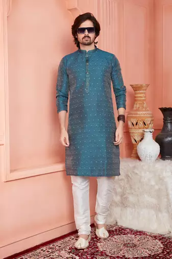 men blue jacquard silk brocade straight kurta churidar without lining