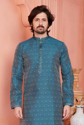 men blue jacquard silk brocade straight kurta churidar without lining 3