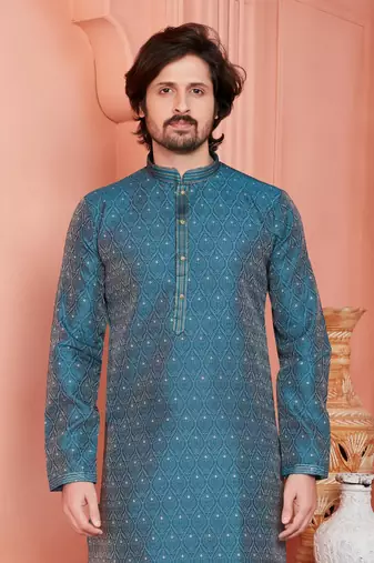 men blue jacquard silk brocade straight kurta churidar without lining